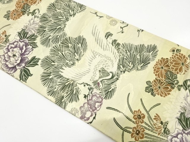 アンティーク　鶴に笠松・草花模様織り出し丸帯（材料）